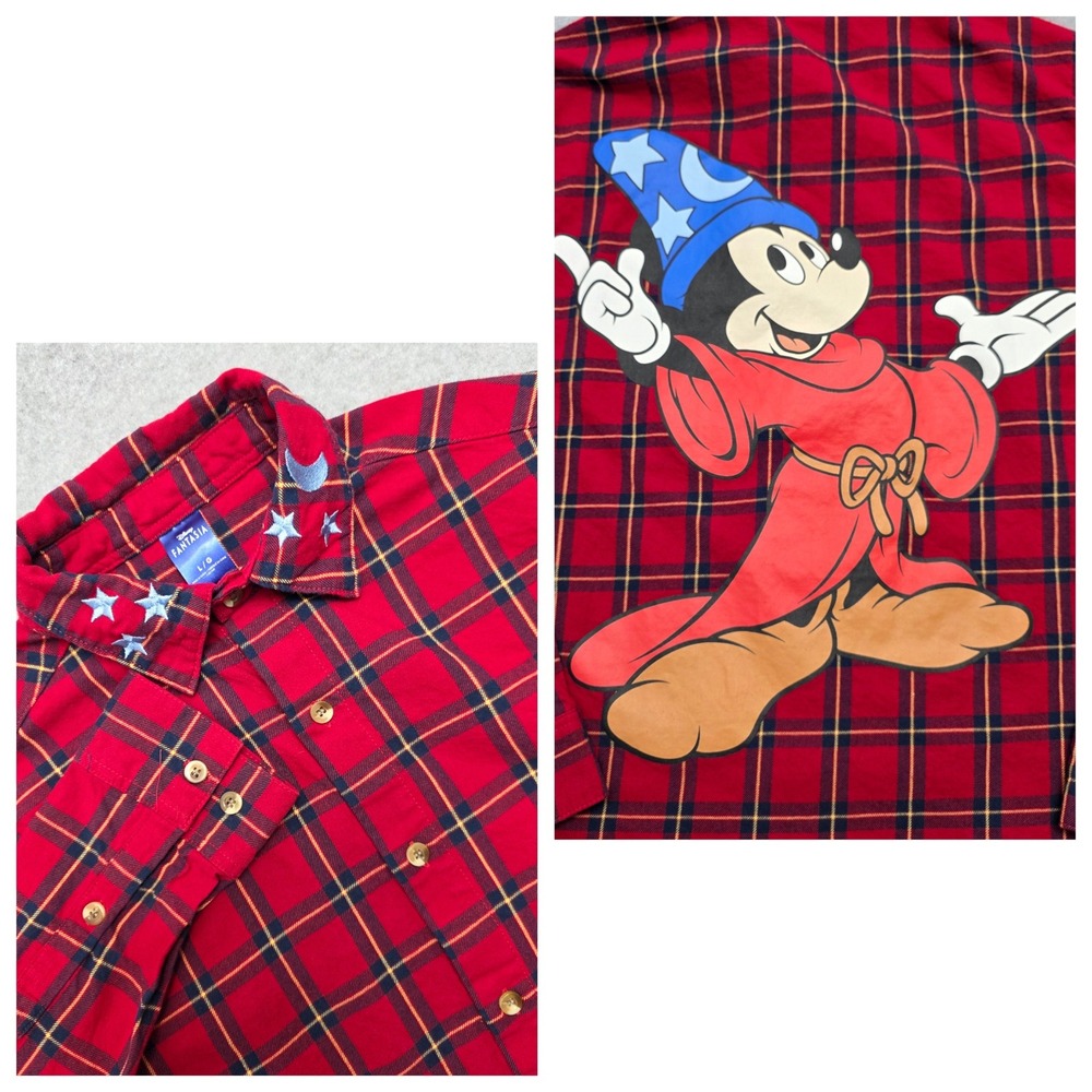 Disney Fantasia Mickey Mouse Wizard Plaid Flannel‎ Shirt Long Sleeve Top Large